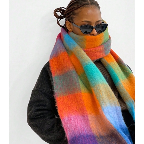 Plaid Multicolor Wide Shawl Scarf With Tassels Fuzzy Knit - Picture 3 of 8